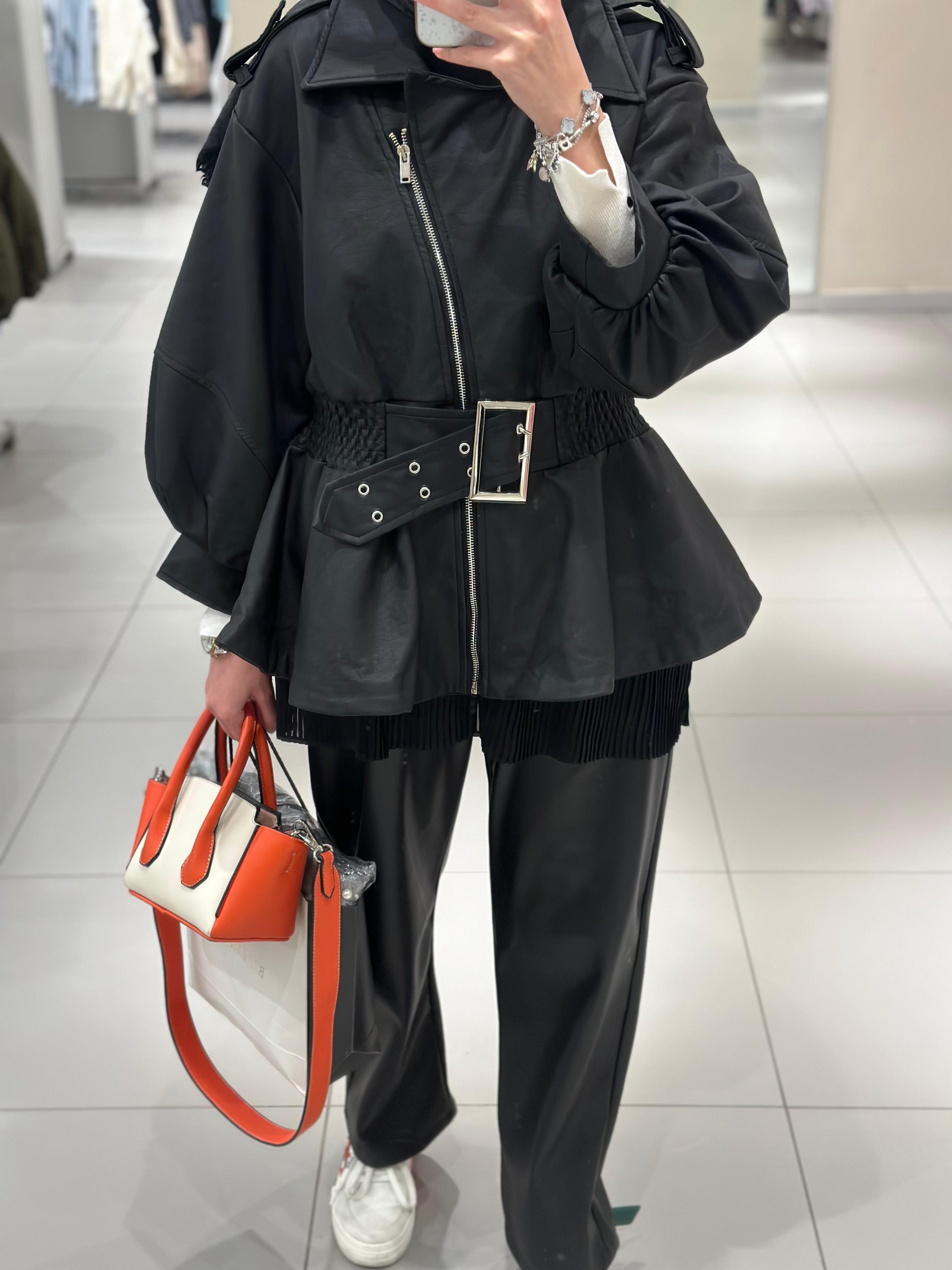 TASARIM DERI SIYAH CEKET - nuha collection