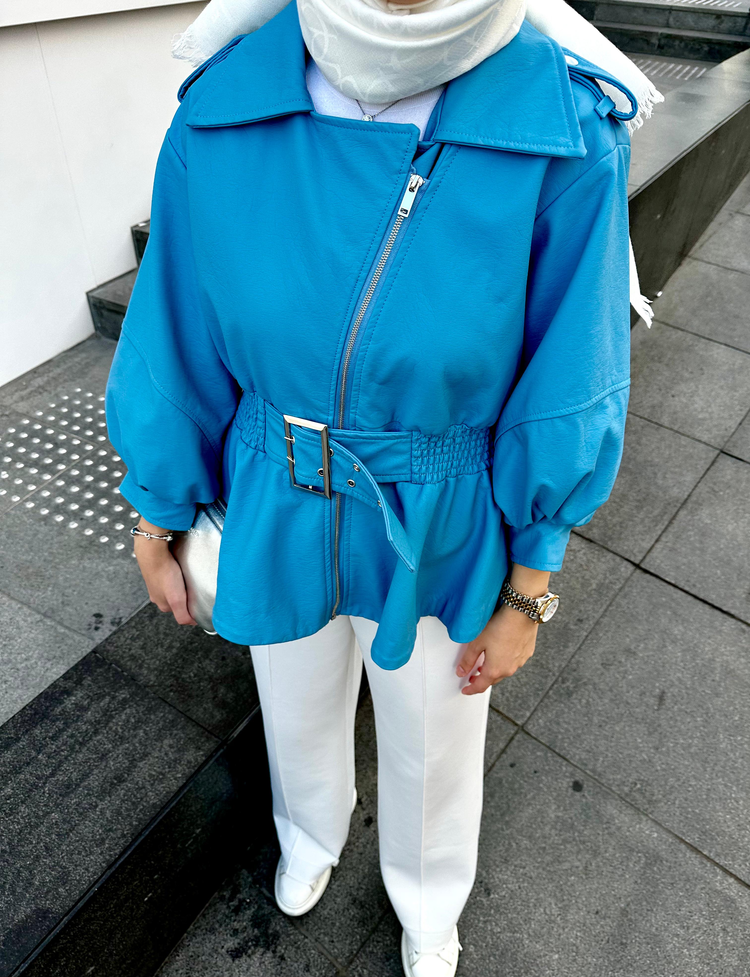 TASARIM DERI MAVI CEKET - nuha collection